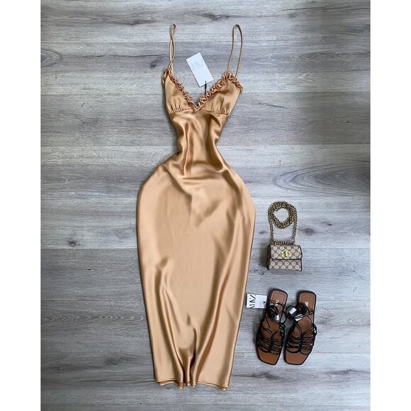 ZARA Satin Effect Slip Midi Dress NWT | Gold Ochre | Adjustable Straps - Picture 15 of 16